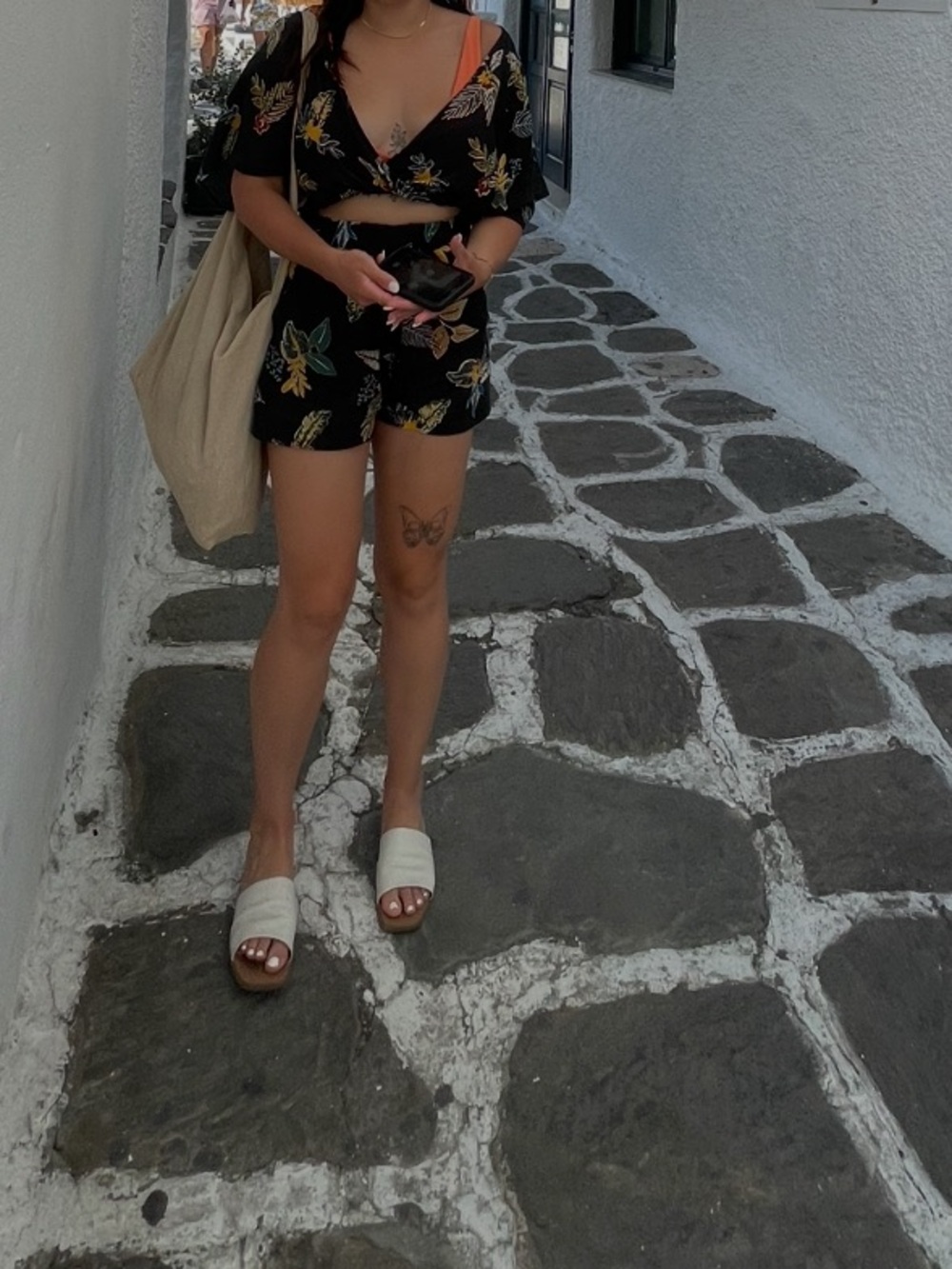 Black Floral Short Romper with V-Neck